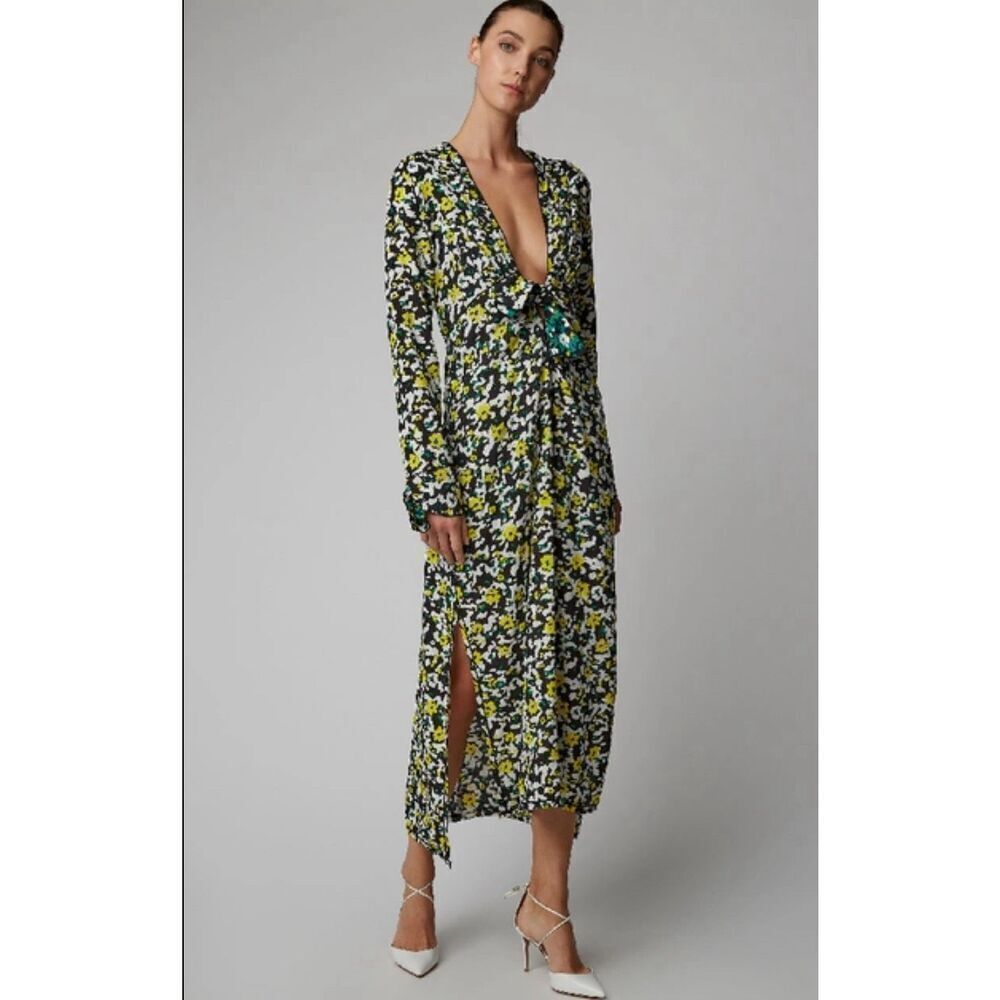 Proenza Schouler Yellow Floral Crepe Knot Midi Dress V-Neck Long Sleeve Size 2